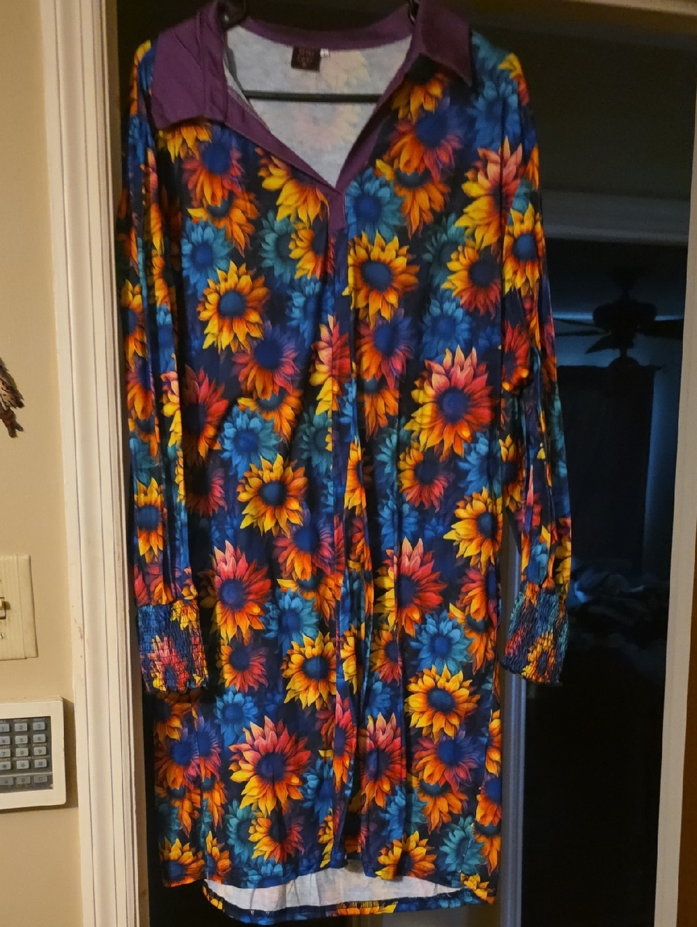 Vibrant Sunflower Print Midi Dress with Purple Collar